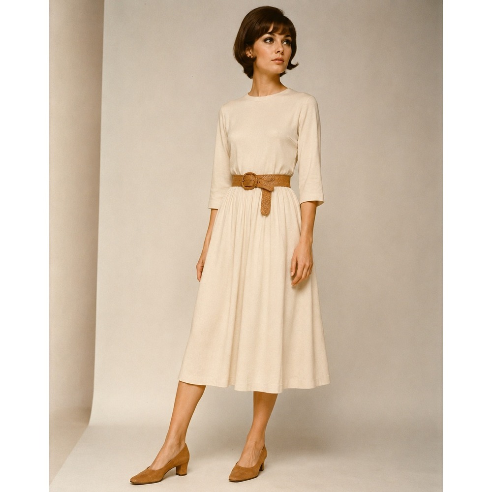 Justin McCarty 60s Vintage Cream Jersey Pleated Midi Dress